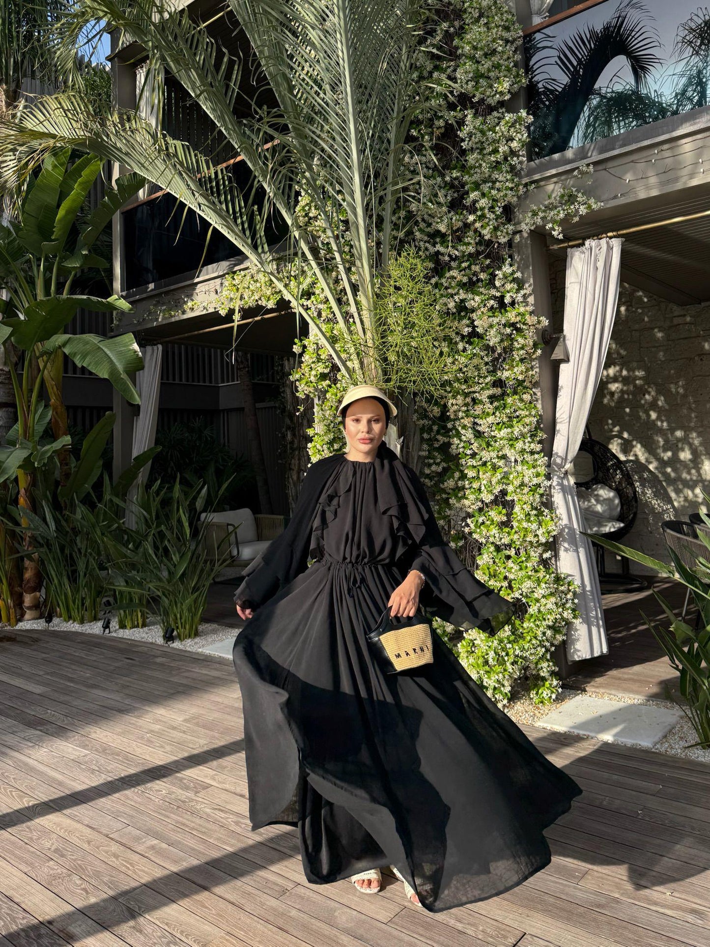 Farah Black Chiffon Dress with Ruffle Details