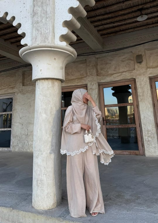 Lace-Trimmed Relaxed Set in Beige
