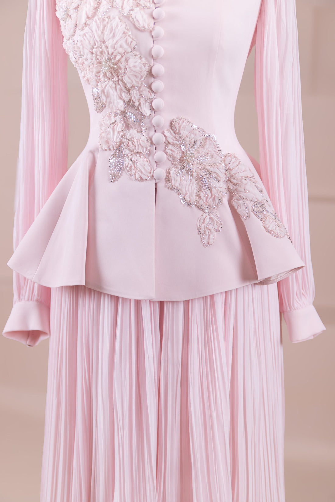 Limited Collection Peplum Jacket & Pleated Maxi Skirt Set – 3D Floral Embroidered Evening Ensemble