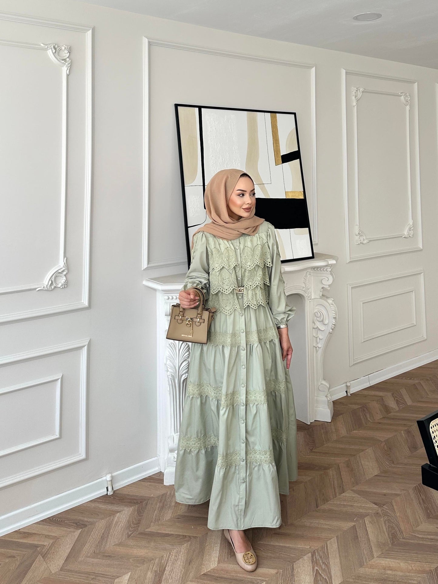 Sage Green Dress with Lace Details