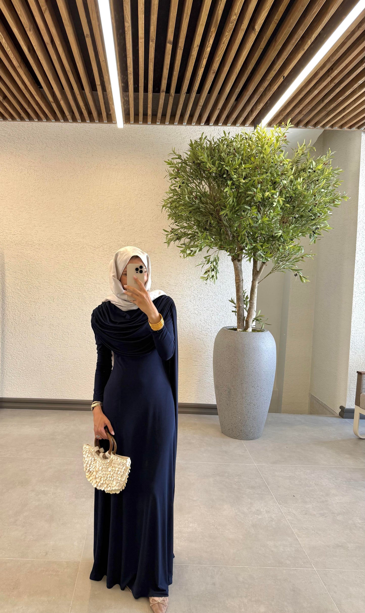 Navy Blue Evening Gown with Shawl Collar and Cape Detail