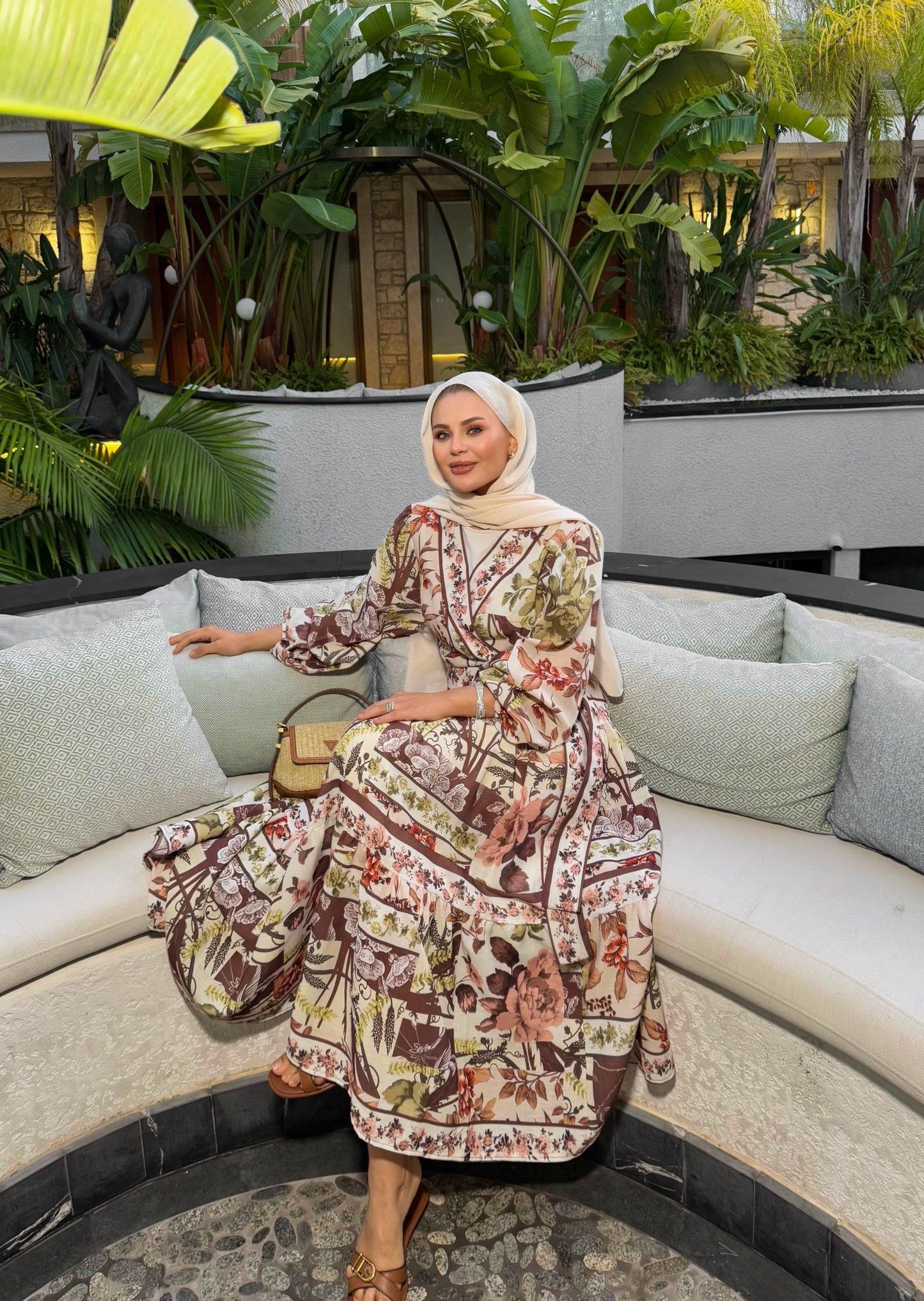 Brown Tropical Print Kimono & Skirt Set
