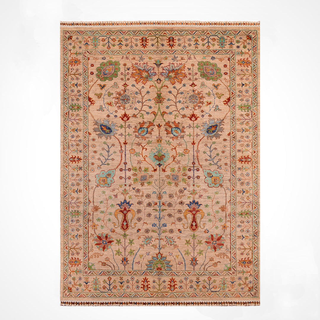 Sultani Çiçekli Orjinal El Dokuması Bej Kök Boya Yün Halı 154x205 3.16 Metrekare - 4x6 ft