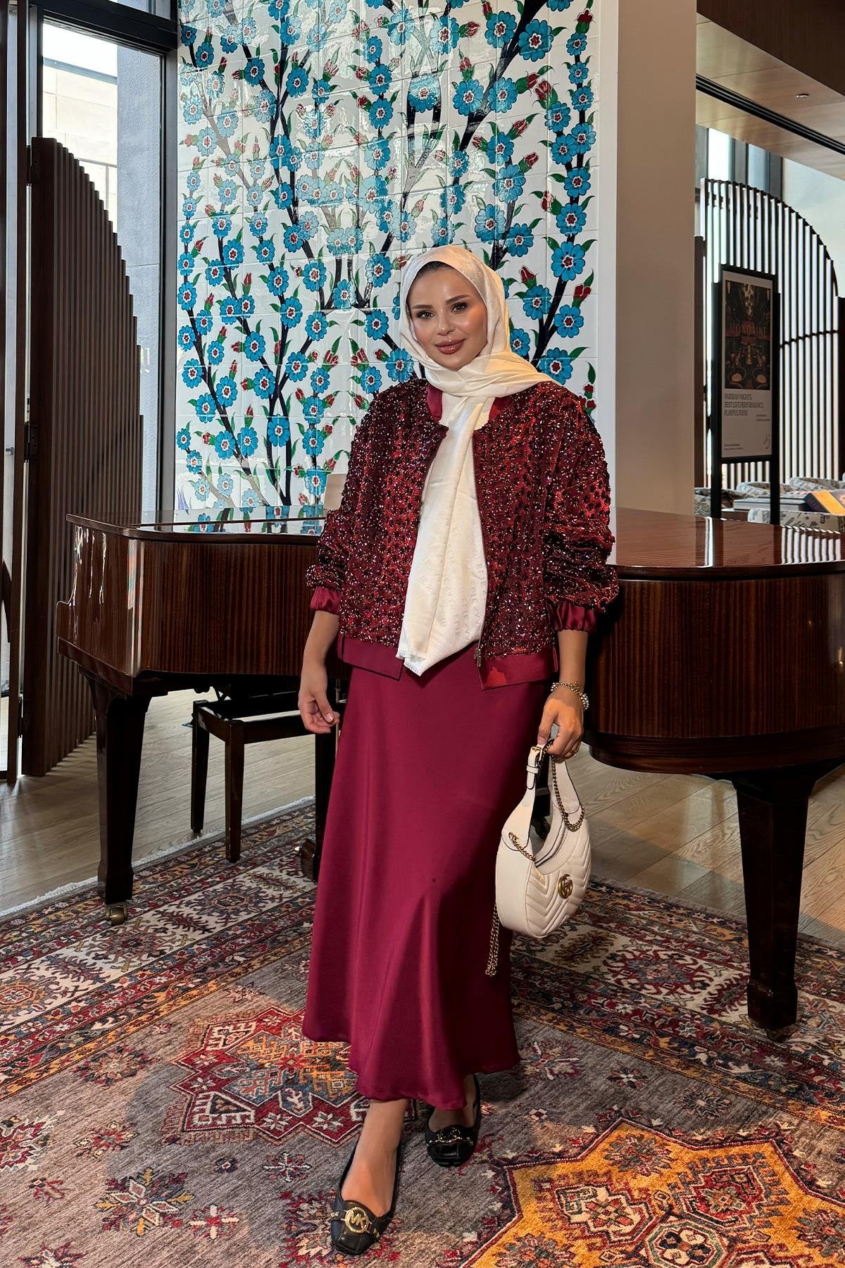 Burgundy Satin Jacket with Sequins