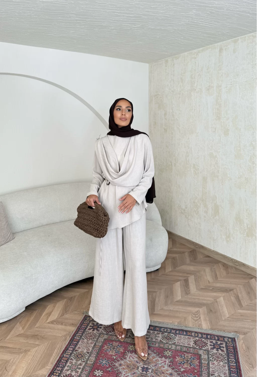 Beige Linen Shawl Collar Set