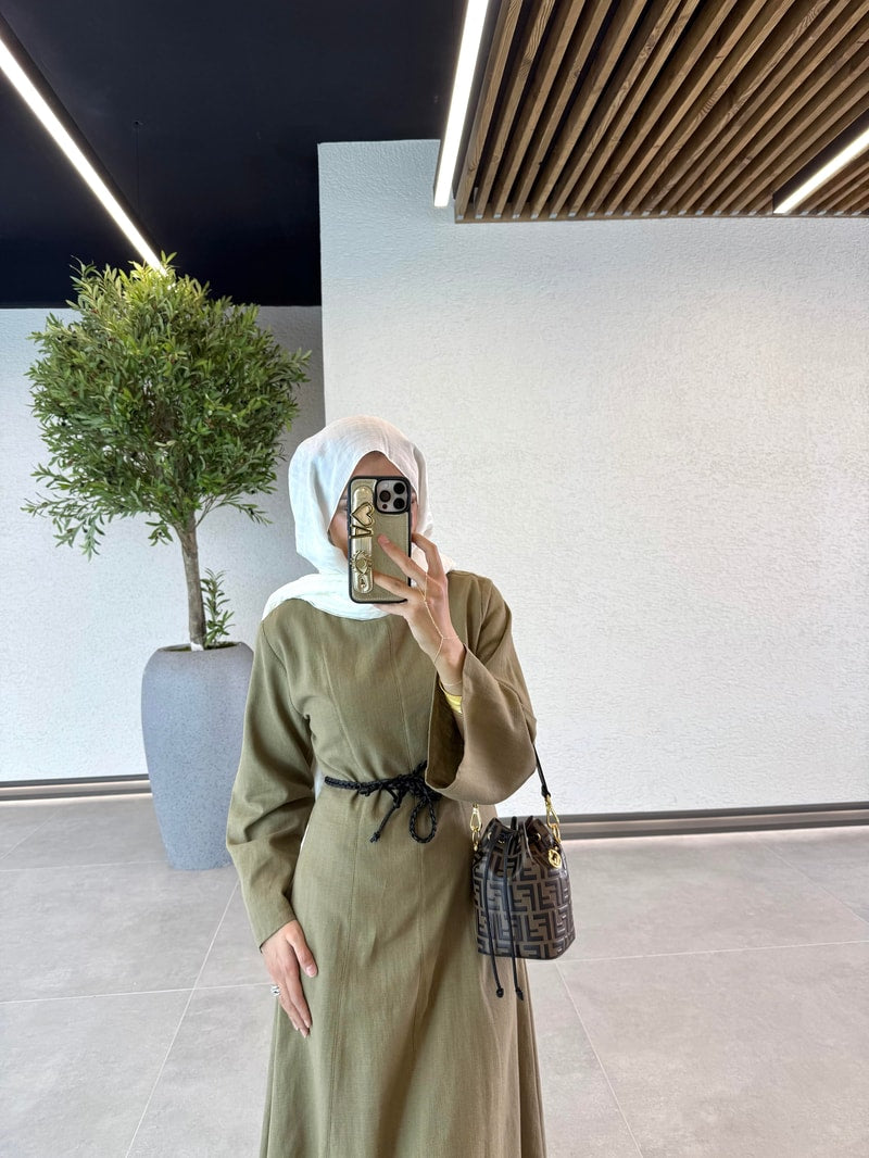 Woven Belt Linen Dress - Khaki Size 40