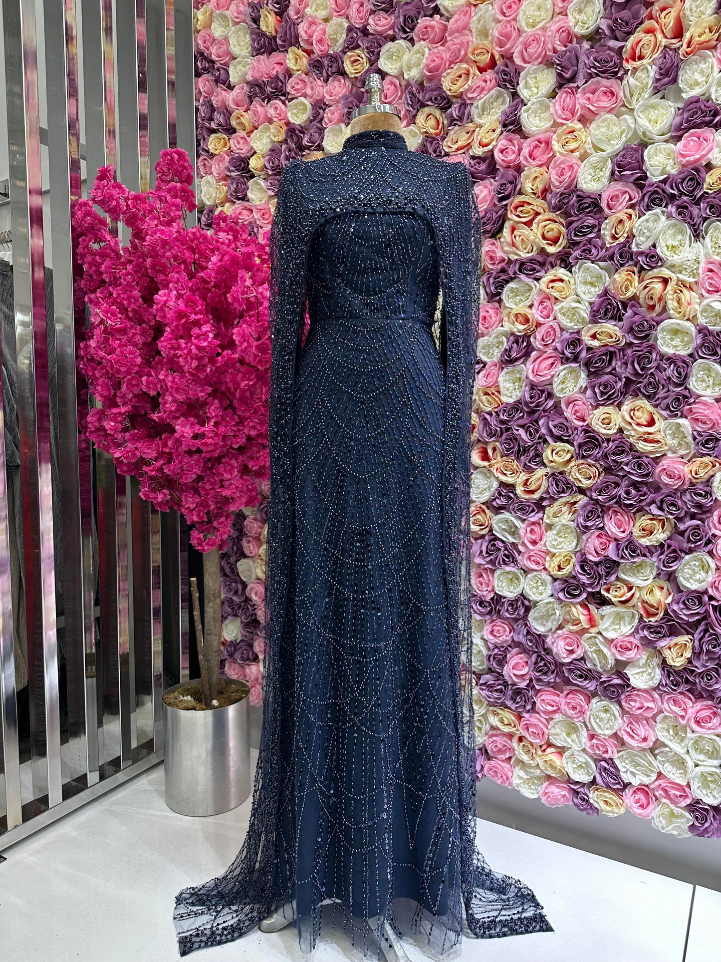 Beaded Navy Blue Modest Evening Gown