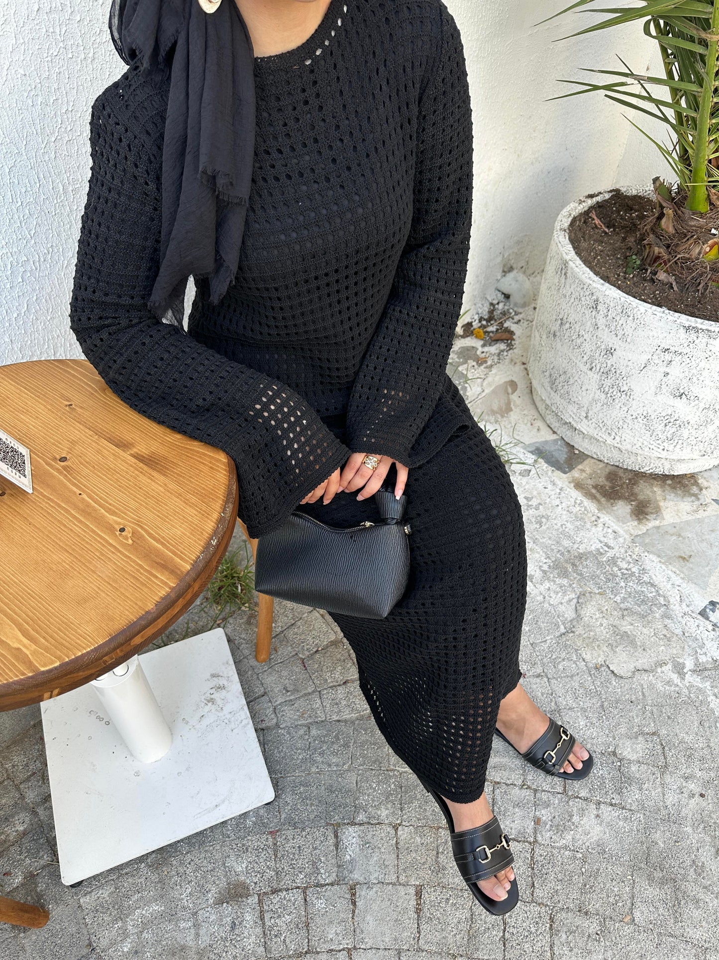 Mesh Style Black Lined Openwork Knit Dress-Pre Order