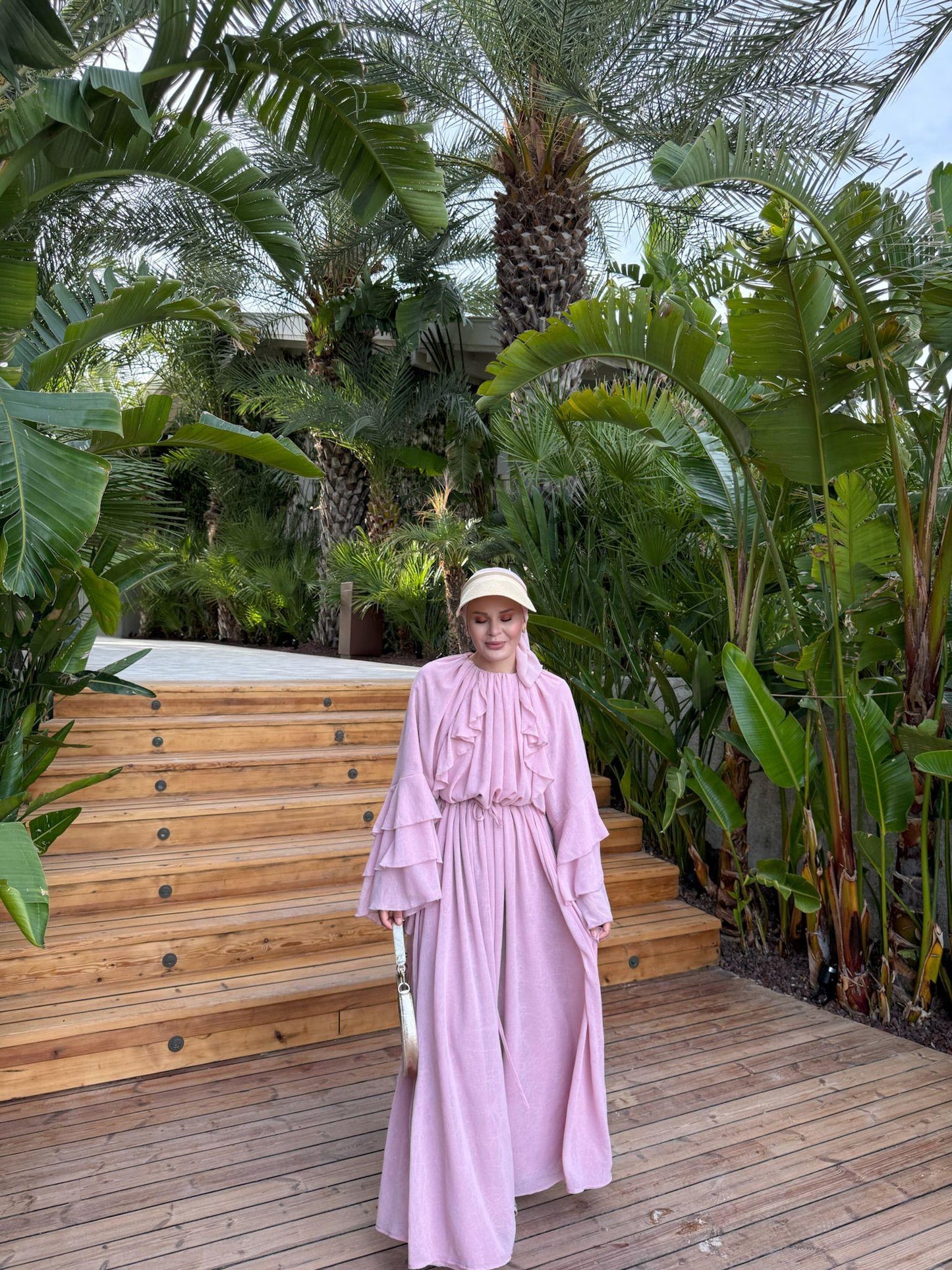Farah Pink Chiffon Dress with Ruffle Details