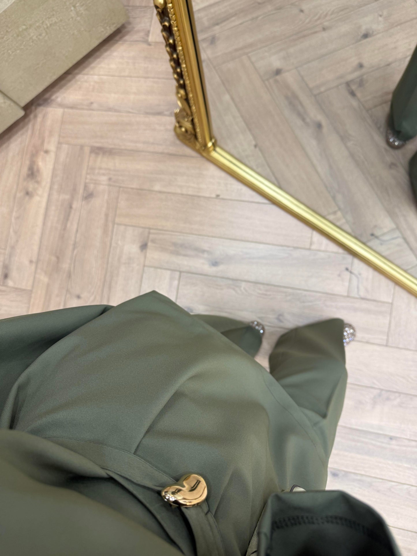 Gold Brooch-Detail Pants Set – Khaki
