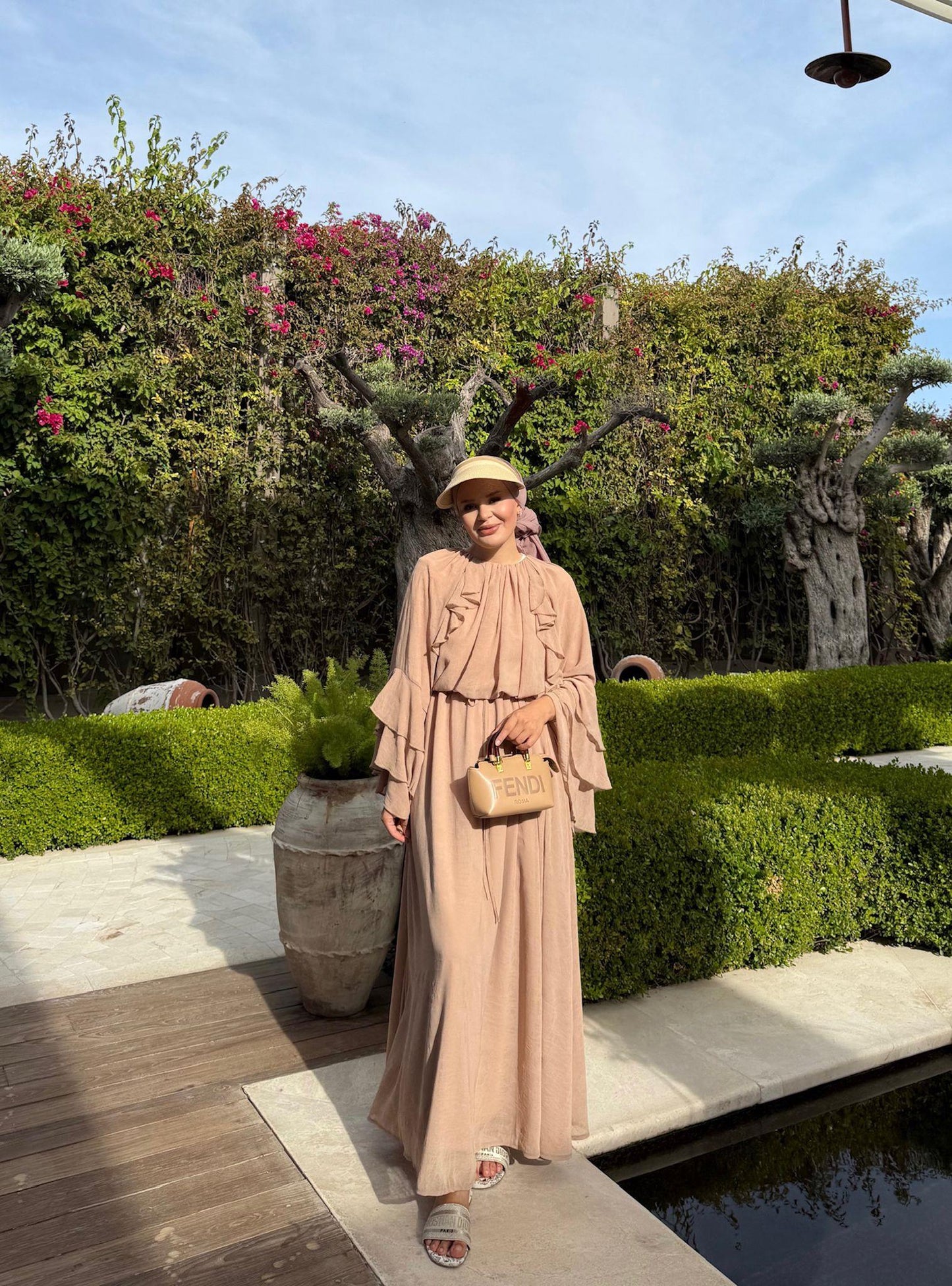 Farah Beige Chiffon Dress with Ruffle Details