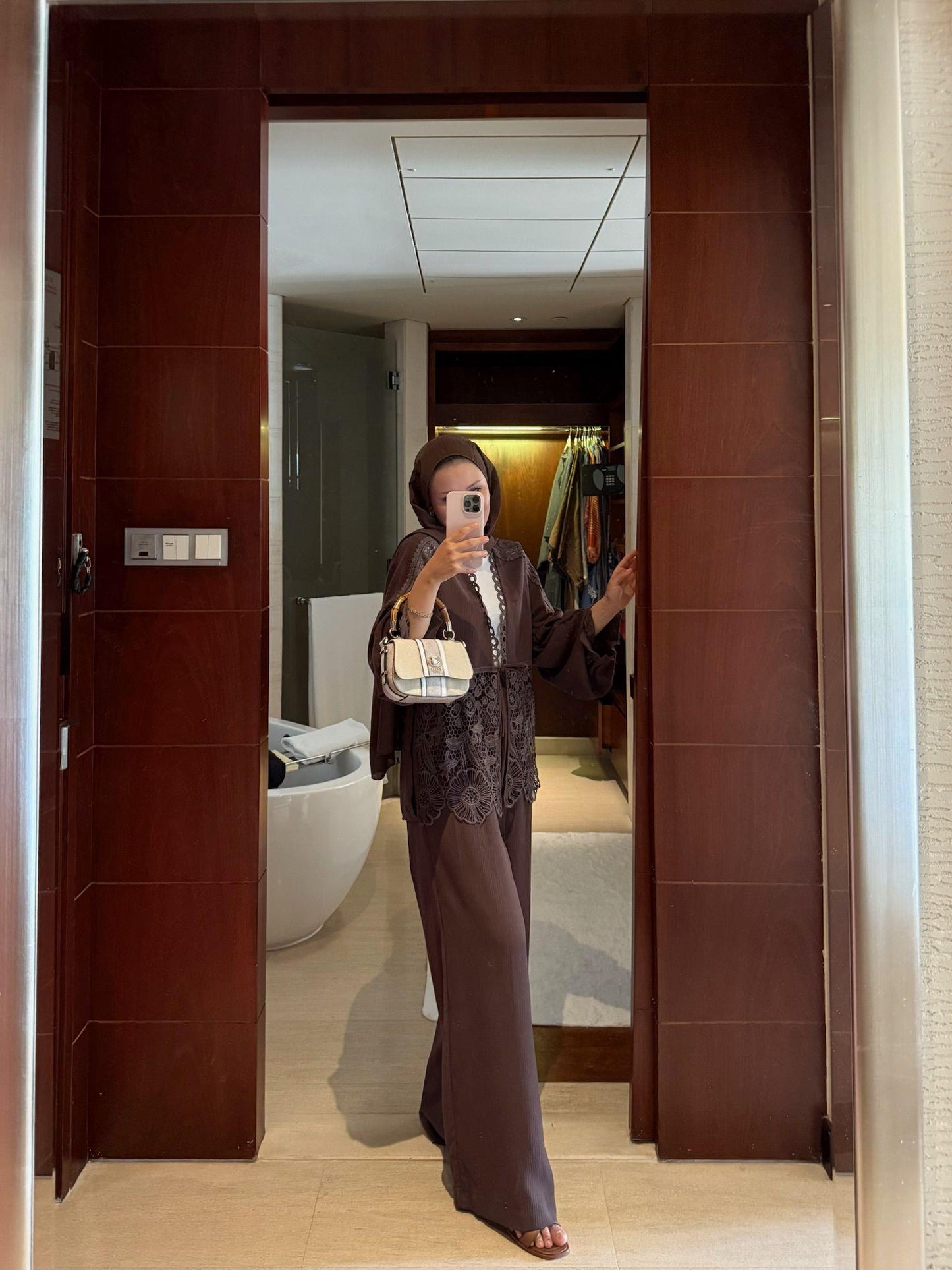 Lace-Trimmed Brown Crinkle Fabric Kimono & Pants Set