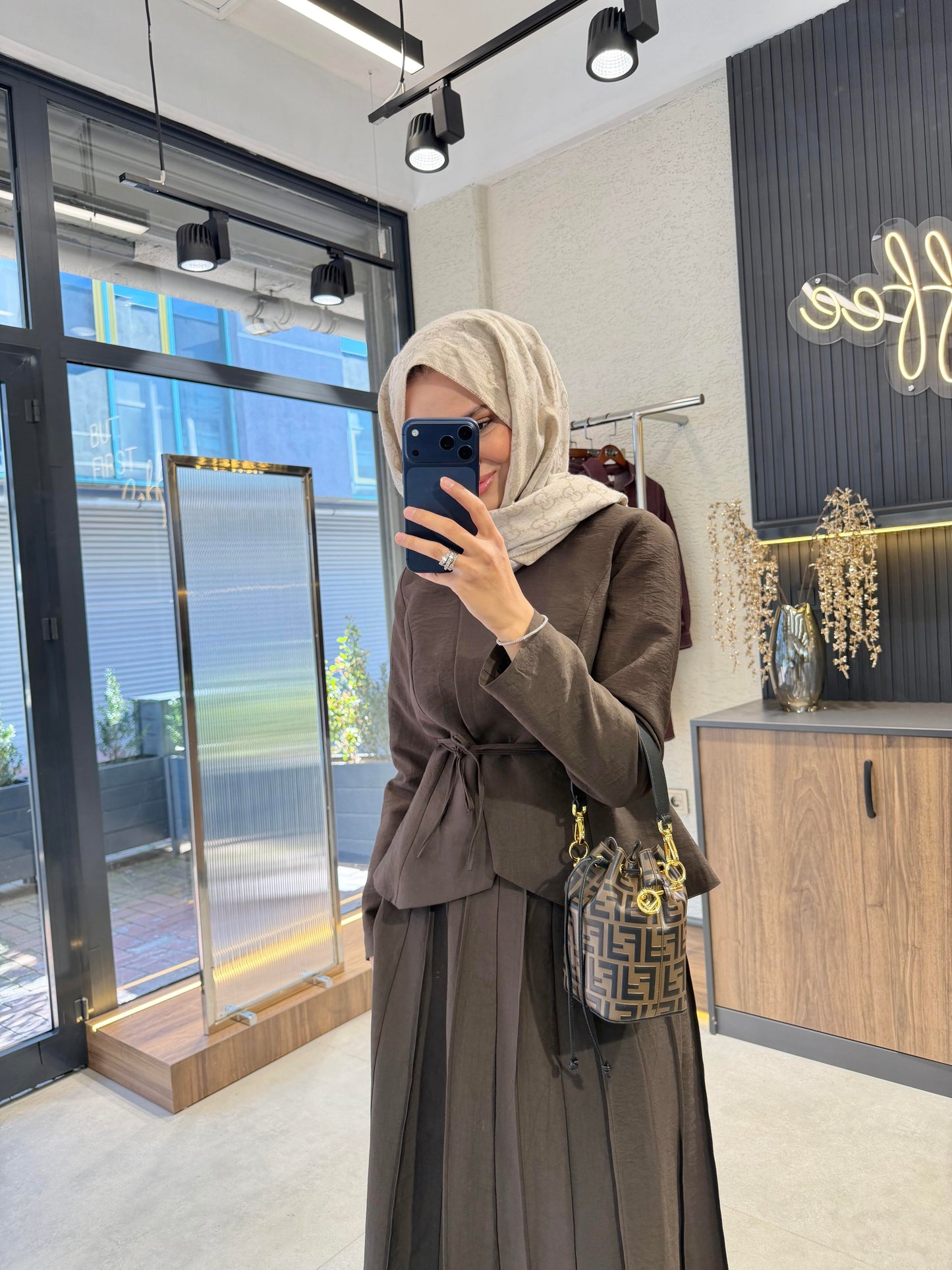 Pleated Skirt Set – Brown| Cupro Fabric Two-Piece Set