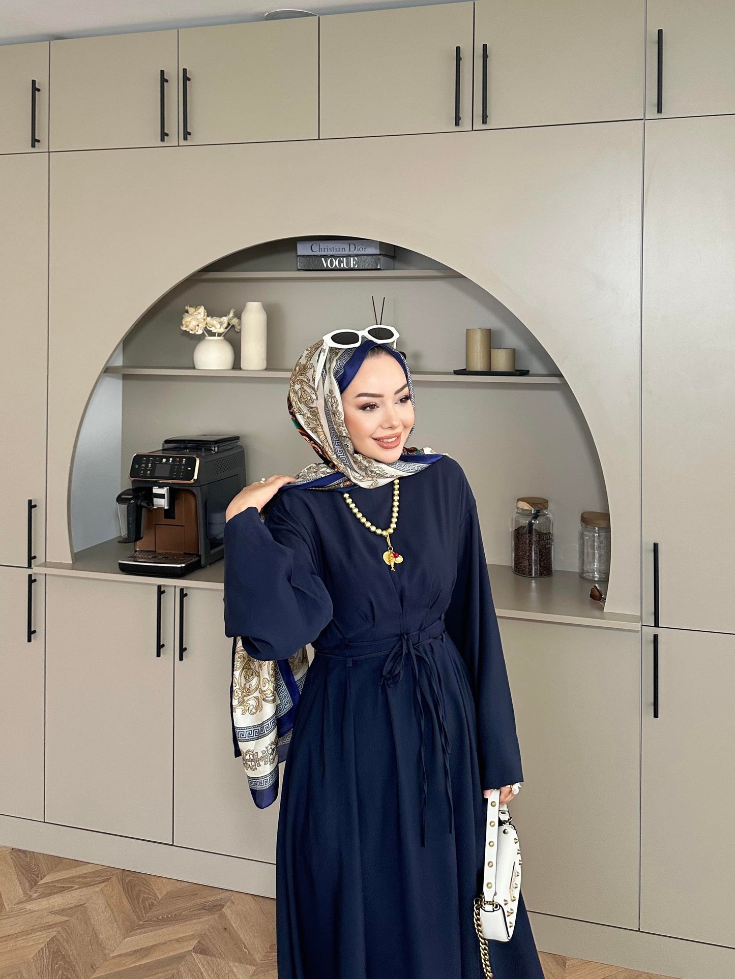 Fitted Waist Maxi Dress in Modal Fabric- Navy Blue
