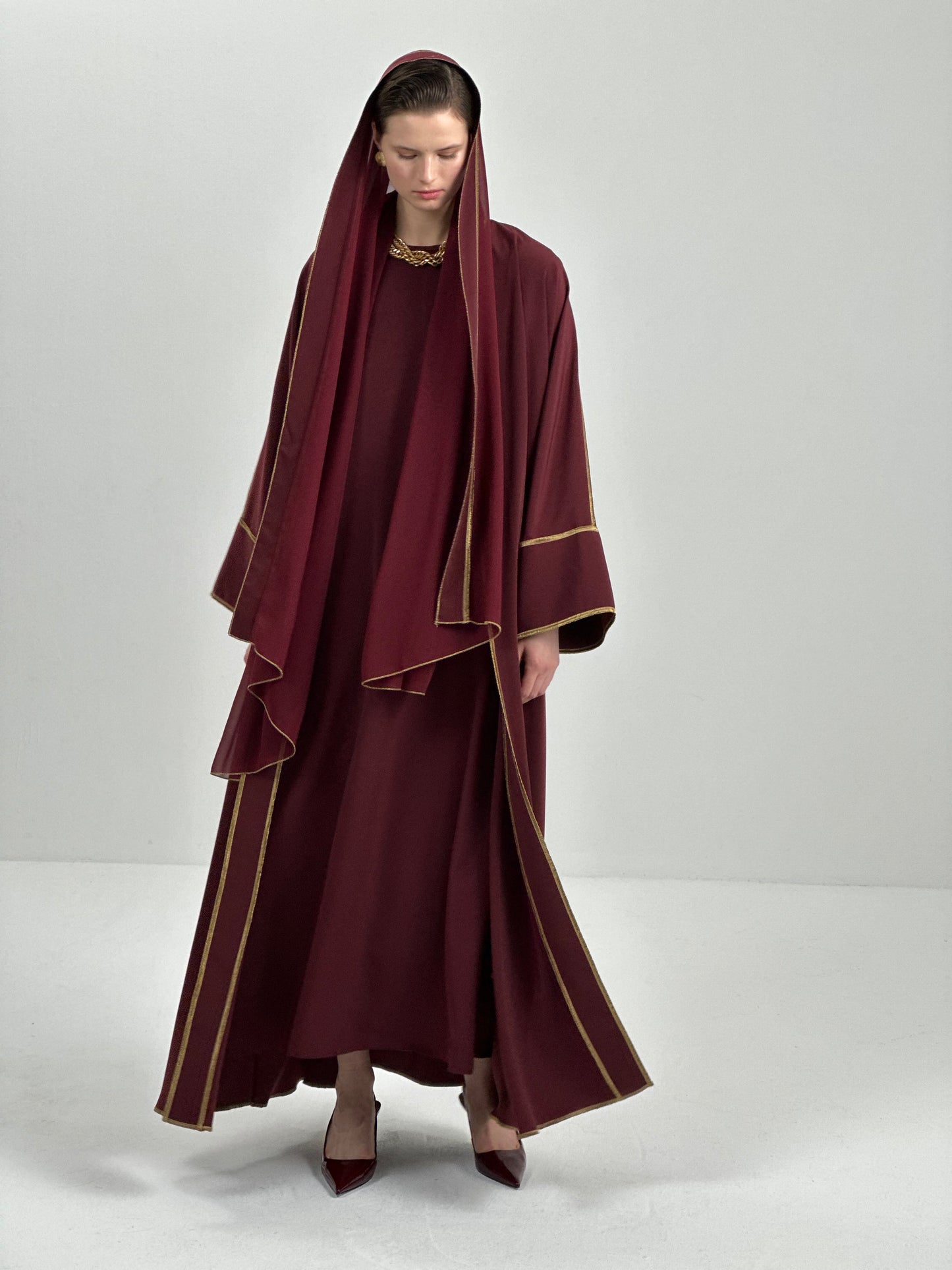 Gold Lined Cherry Red Abaya and Dress Set - sonafey