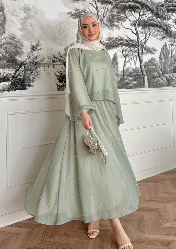 Pearl Embellished Maxi Dress – Flared Skirt & Long Sleeve- Green