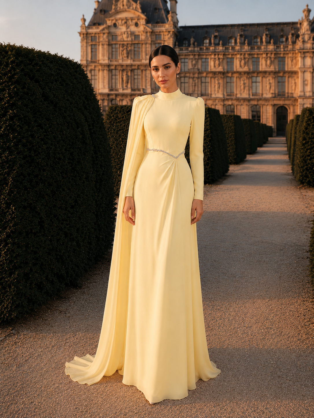 Rosie Yellow Pleated Gown | Stone Embellished Cape & Belted Maxi Dress