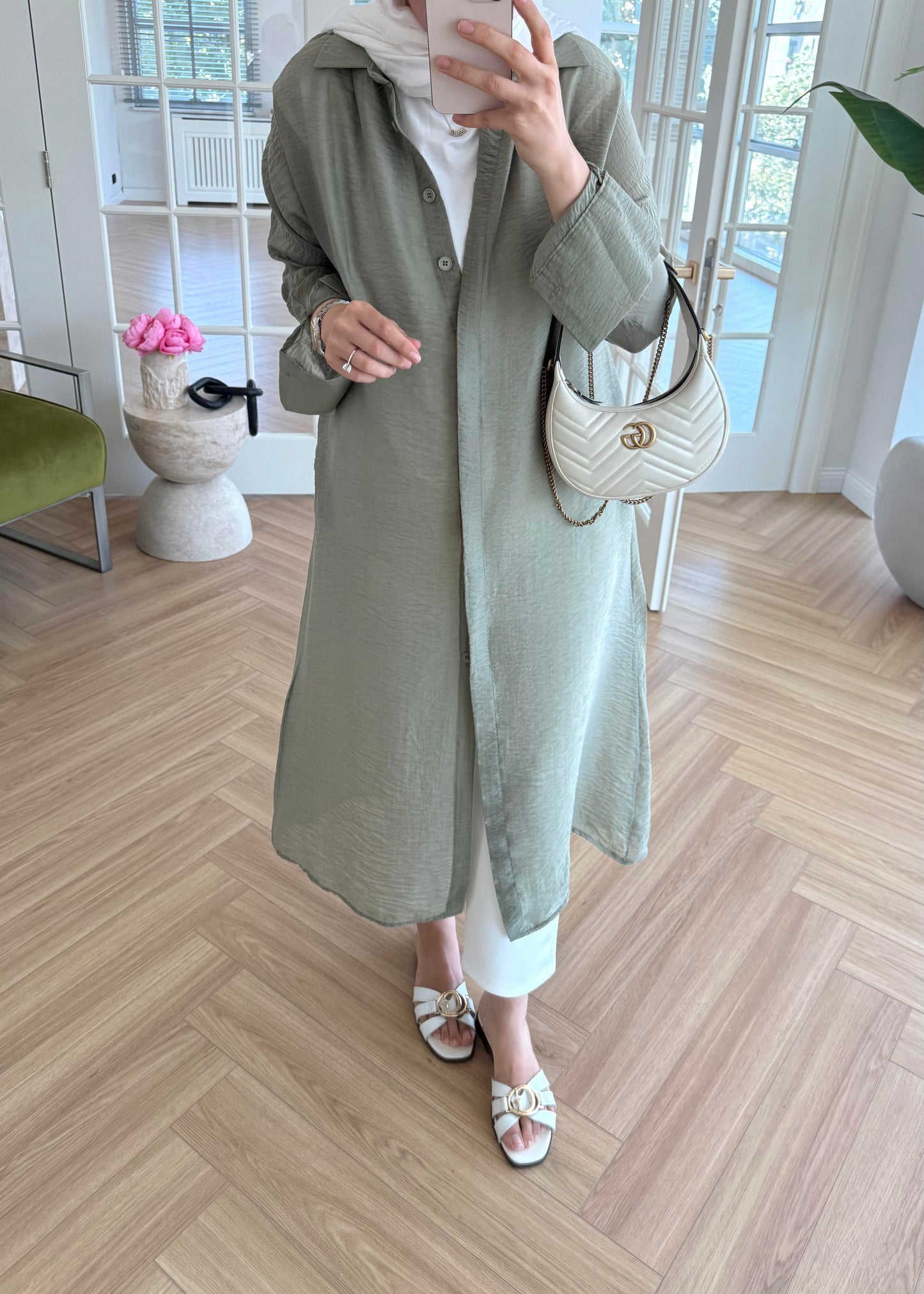 Sage Green Modal Maxi Tunic with Sheer Tulle