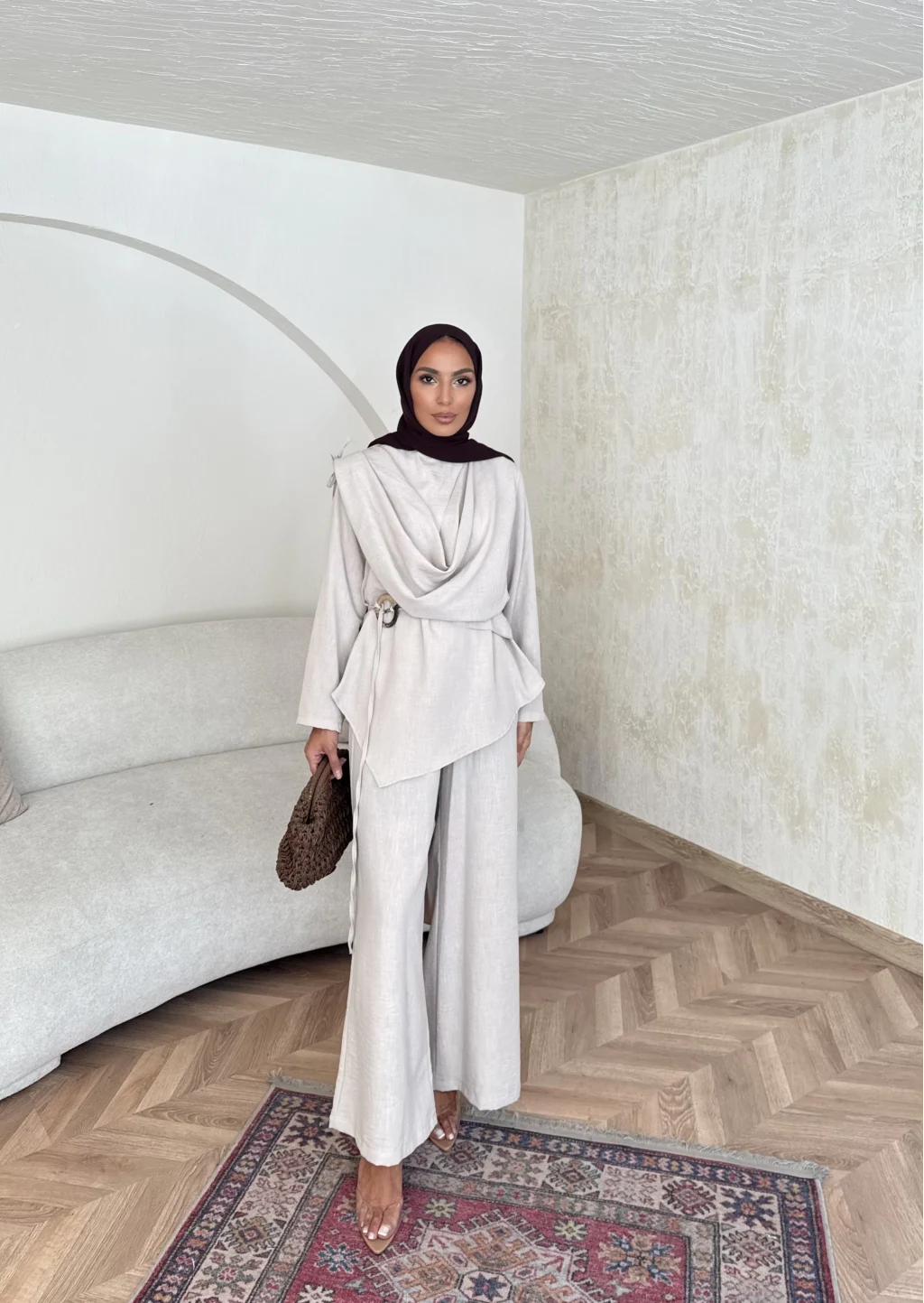 Beige Linen Shawl Collar Set