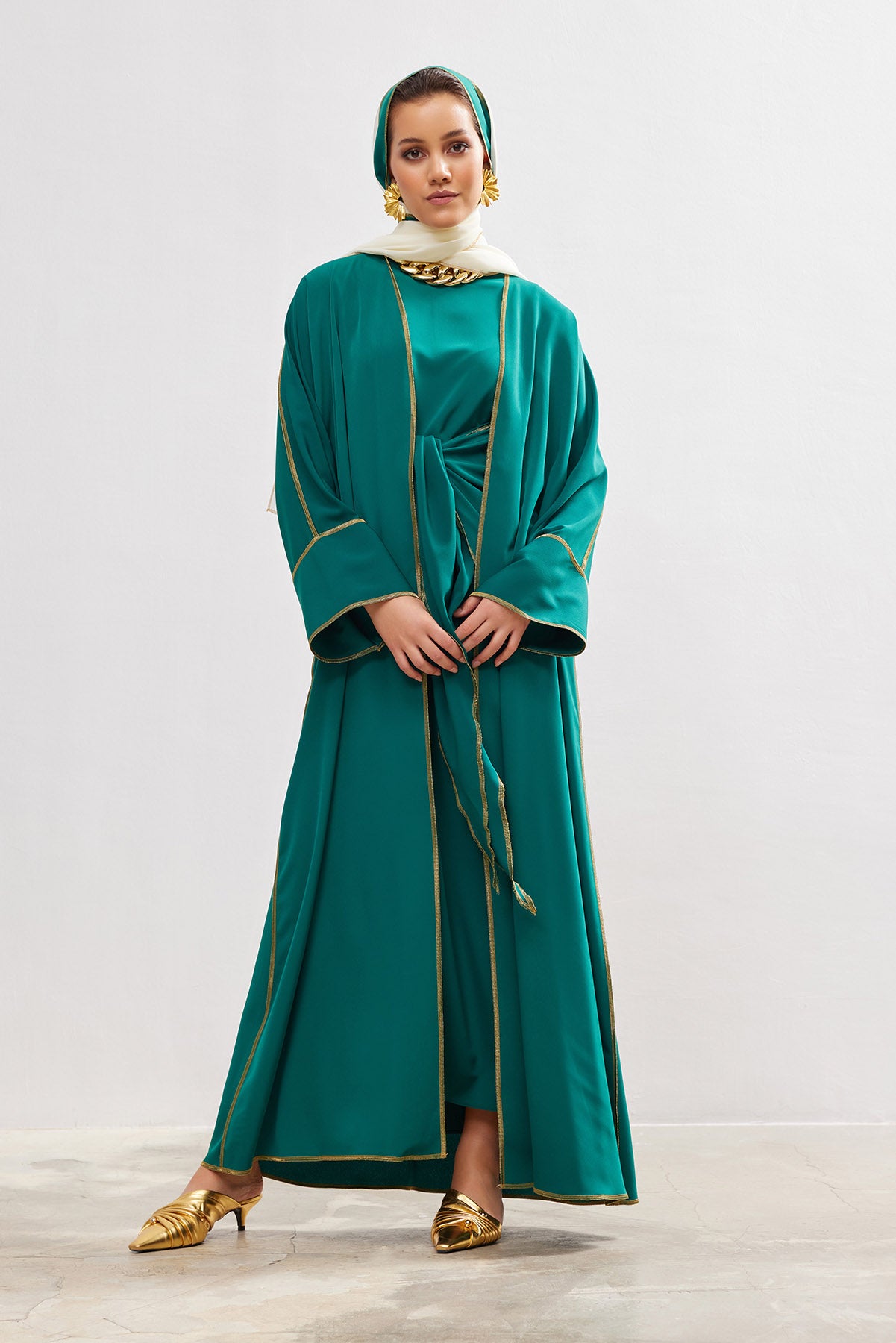 Gold Lined Emerald Abaya and Dress Set sonafey Gold Lined Emerald Abaya and Dress Set sonafey