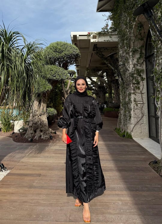 Layla Satin Black Evening Dress with Ruffle Detail