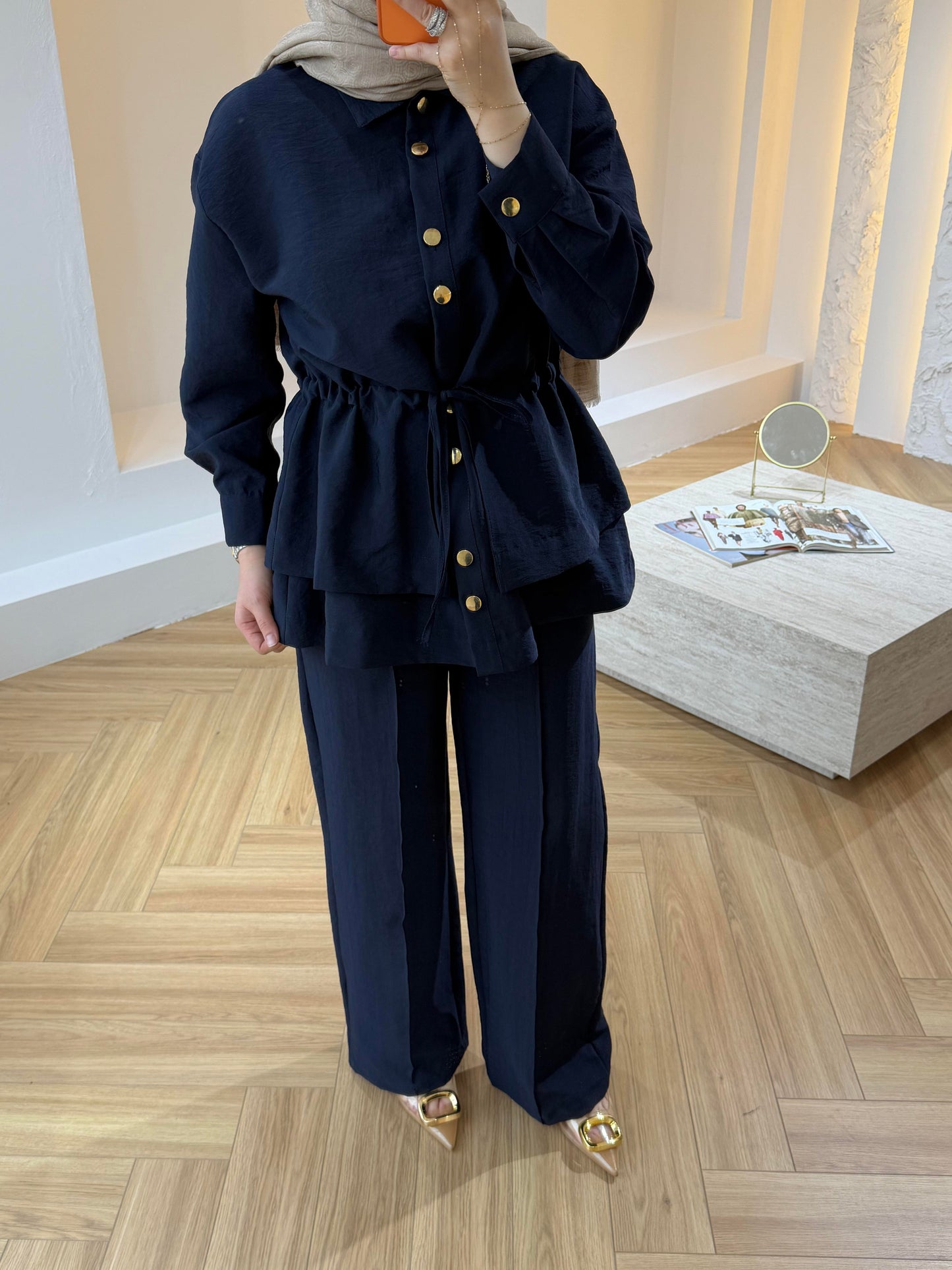 Gold Button Co-ord Cupro Set – Drawstring Jacket & Wide Leg Trousers - Navy Blue