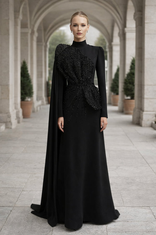 Latifa Beaded Crepe Modest Evening Gown - Black