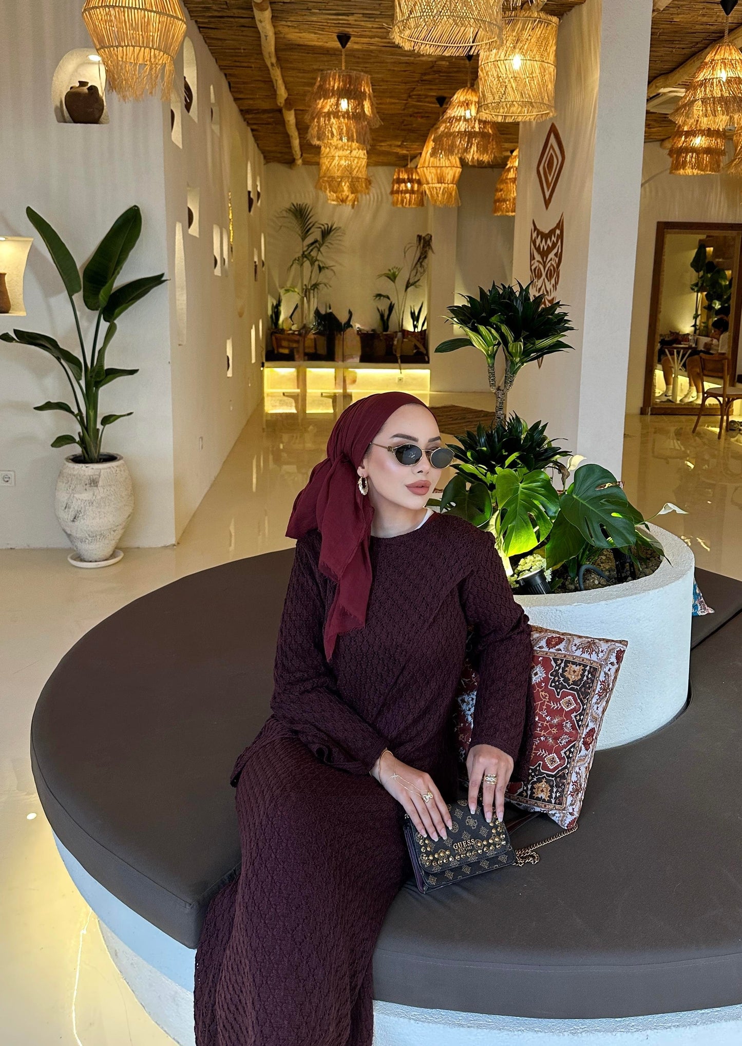 Burgundy Lined Openwork Knit Dress