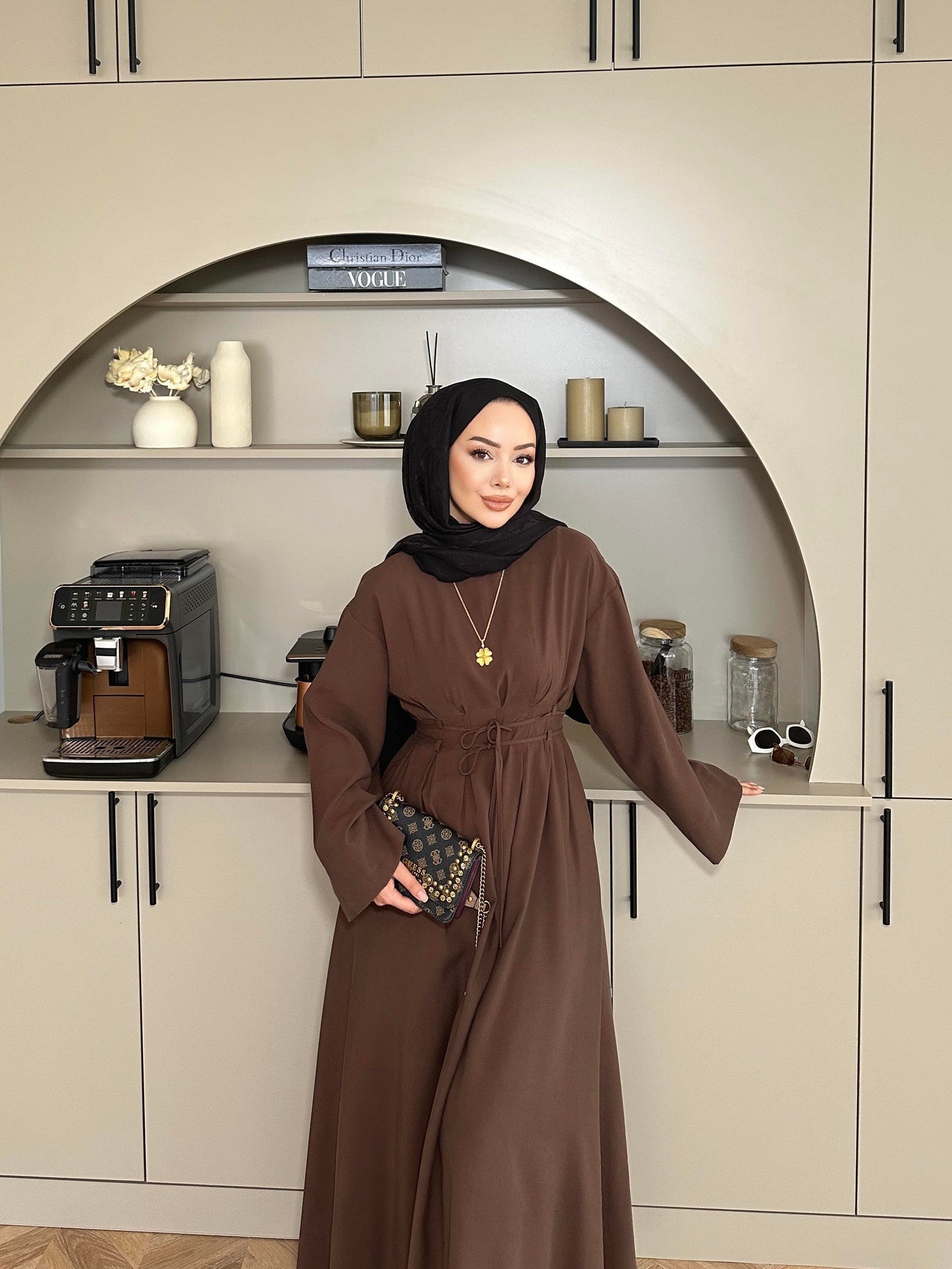 Fitted Waist Maxi Dress in Modal Fabric- Brown
