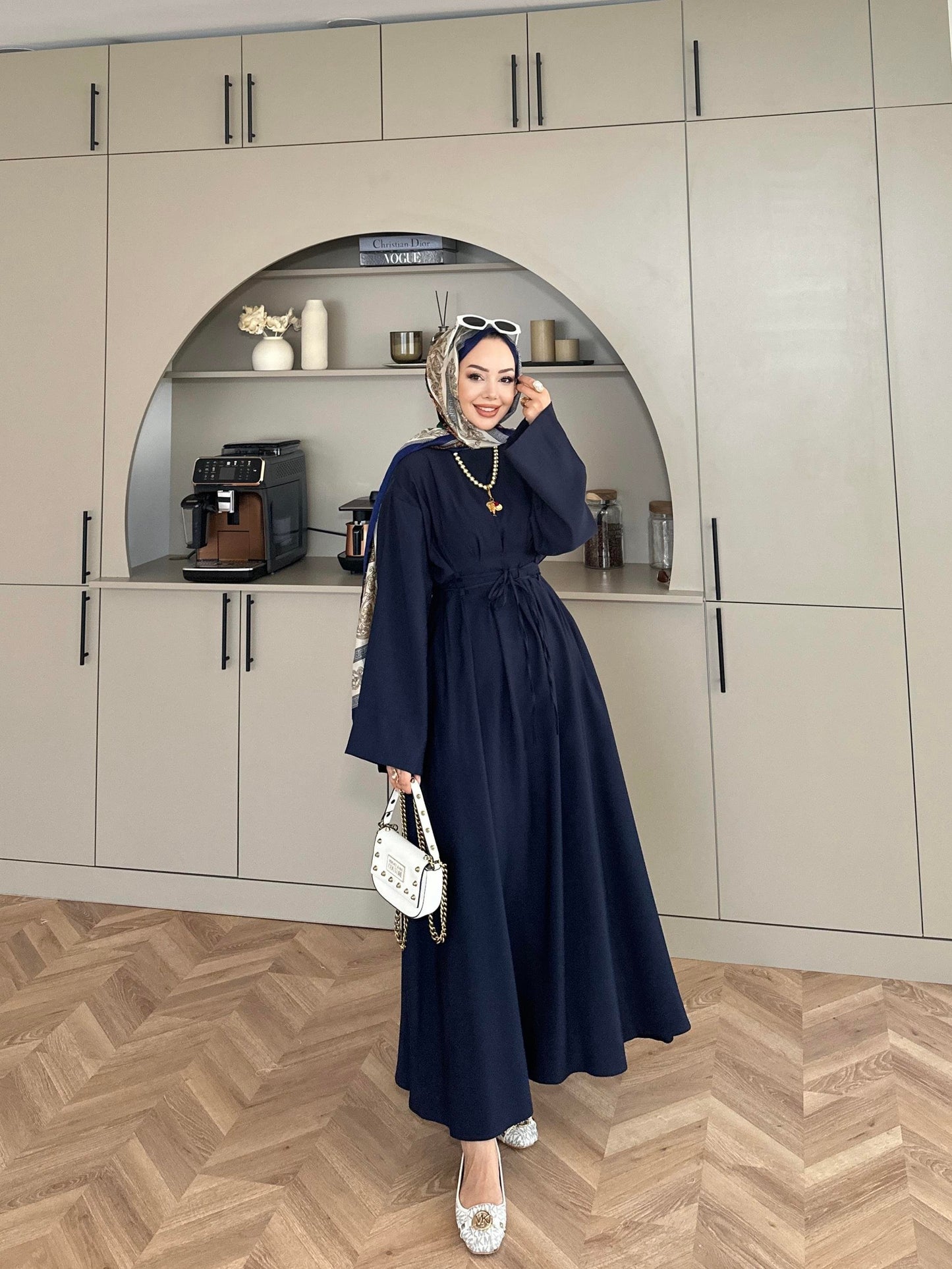 Fitted Waist Maxi Dress in Modal Fabric- Navy Blue