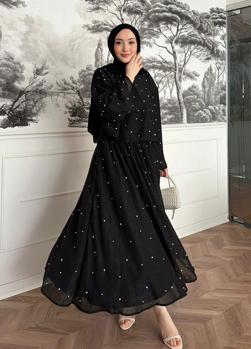 Pearl Embellished Maxi Dress – Flared Skirt & Long Sleeve- Black