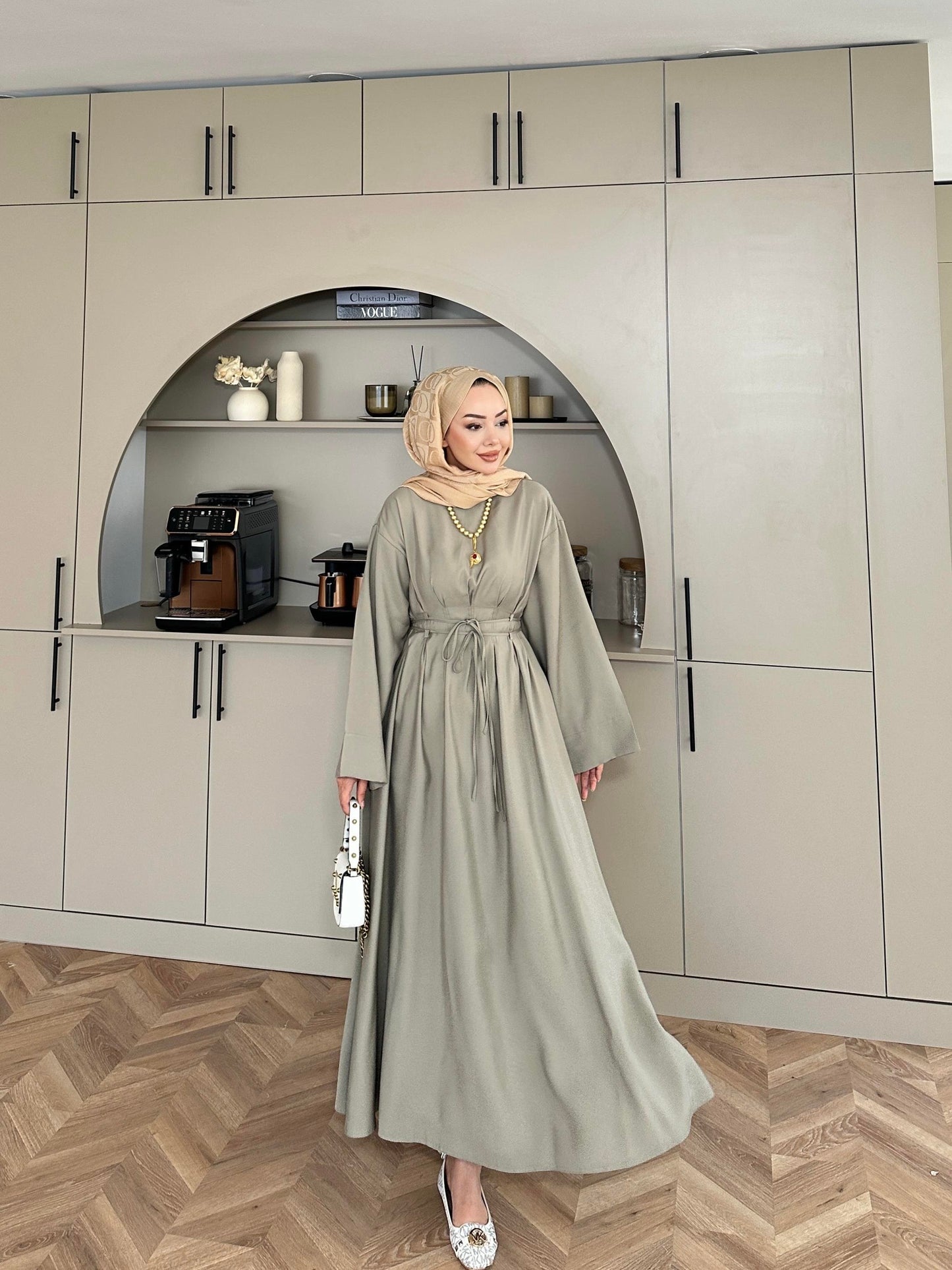 Fitted Waist Maxi Dress in Modal Fabric- Khaki