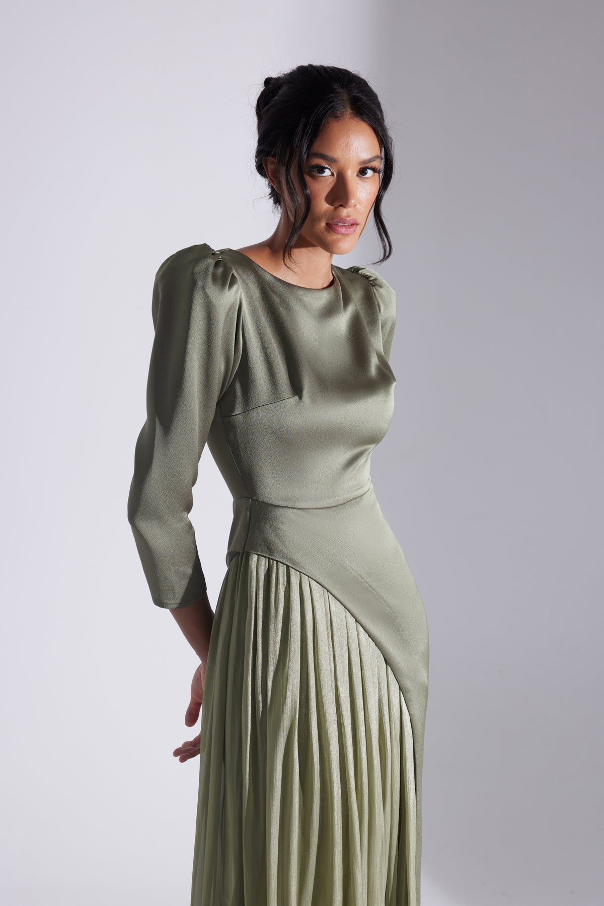 Sage Green Asymmetric Detailed Chiffon Skirt Wedding Dress