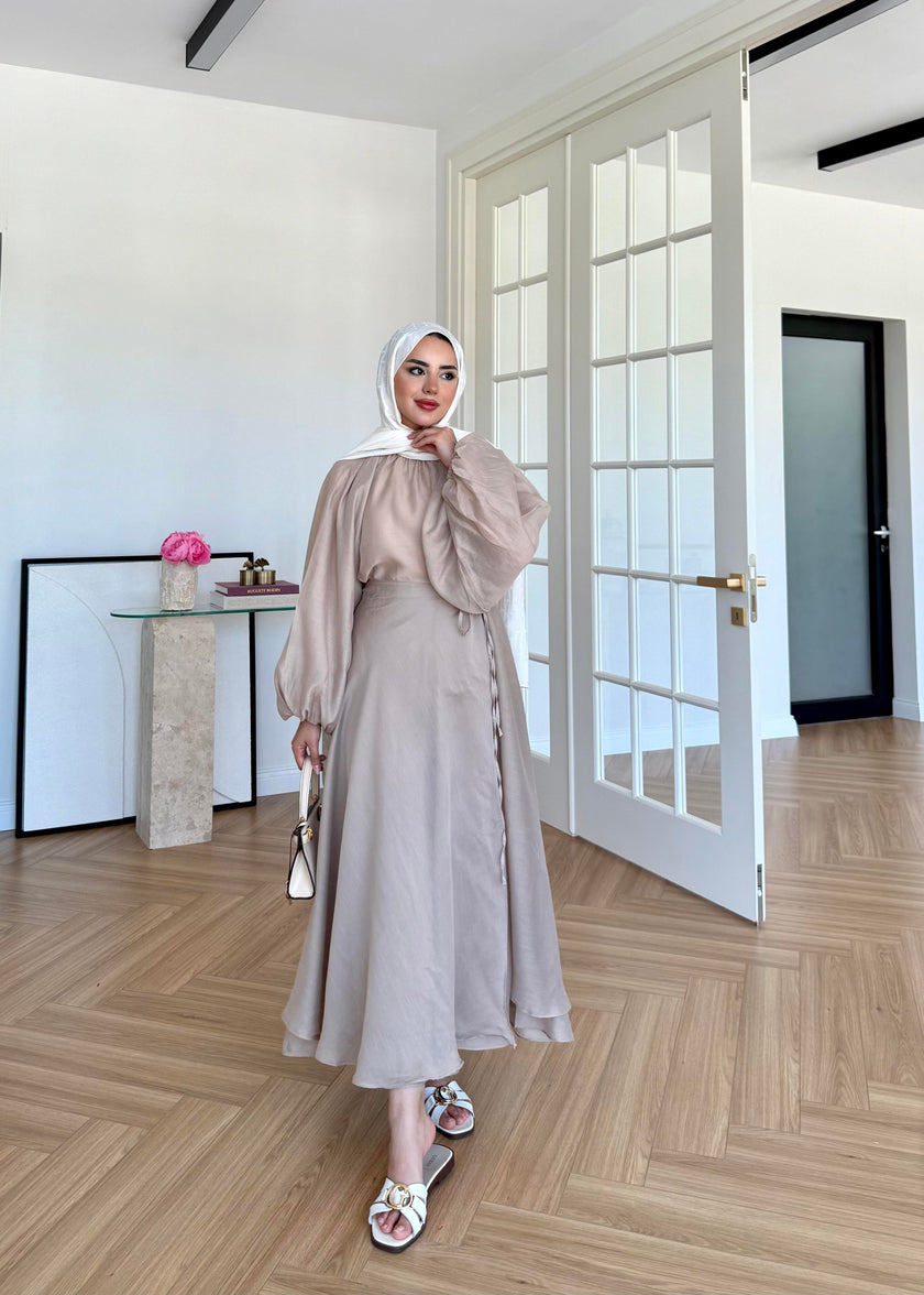 Soft Candy Tie-Front Skirt & Puff Sleeve Blouse Set Taupe