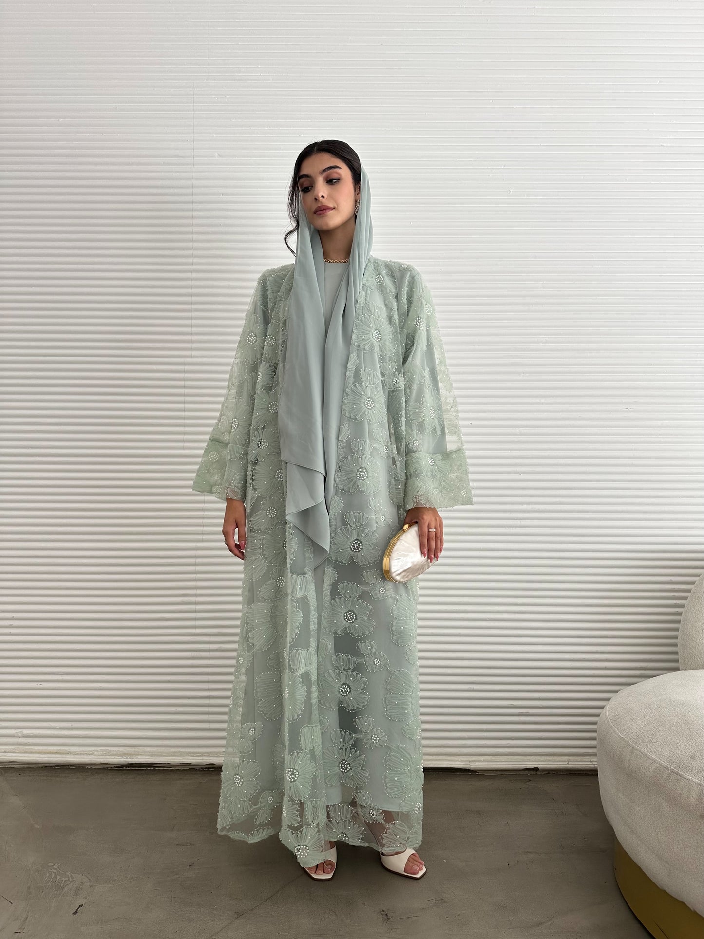 Pastel Pearls 3-Piece Abaya Set – Mint (Limited Edition)
