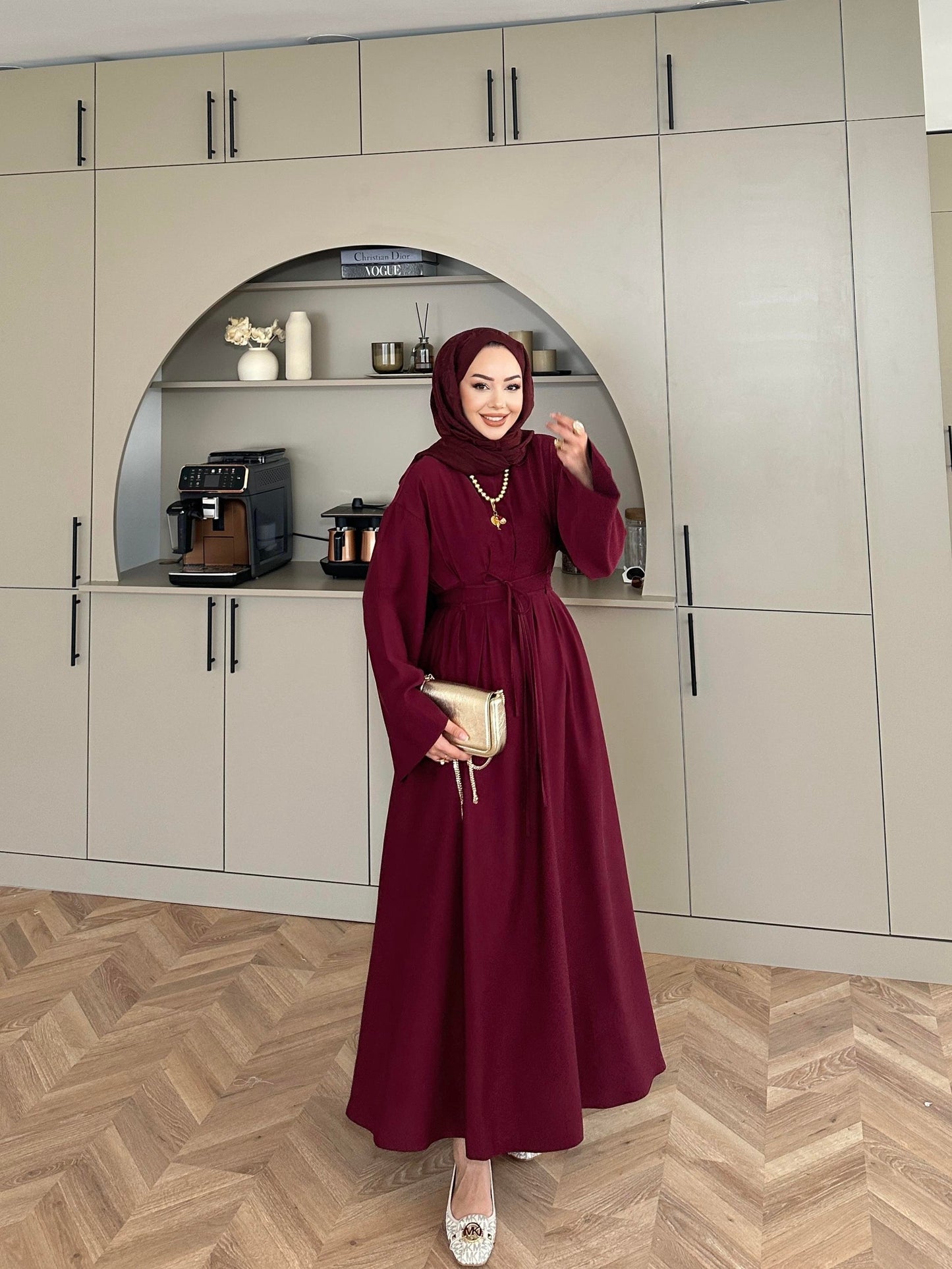 Fitted Waist Maxi Dress in Modal Fabric- Bordeux