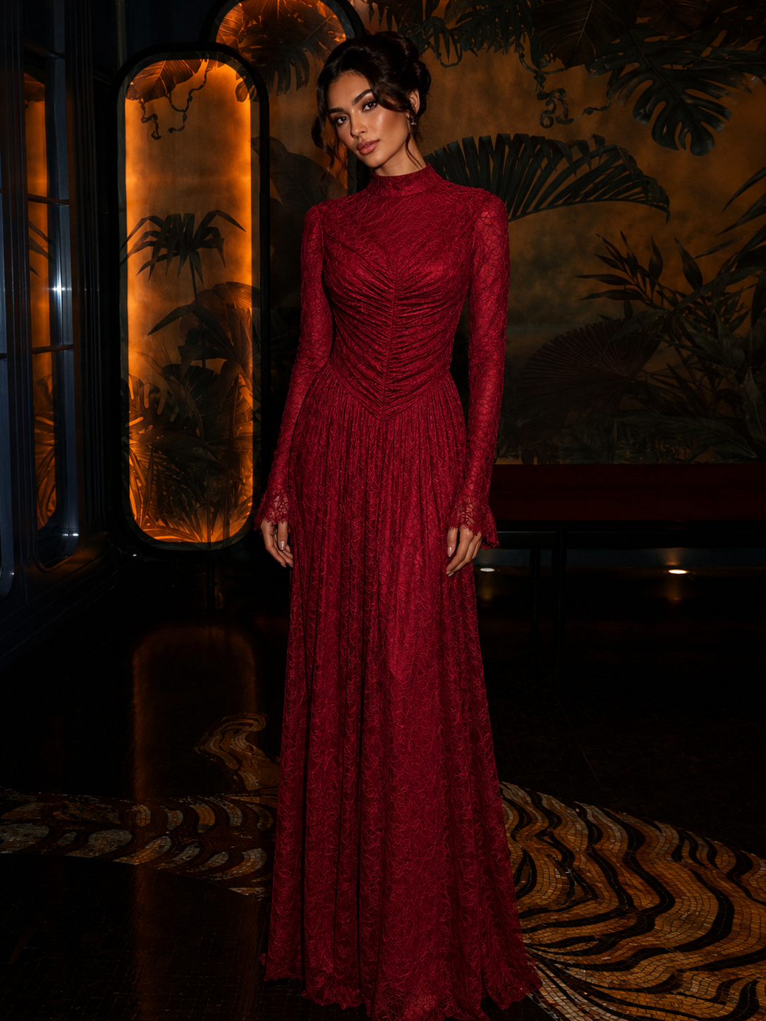 Carmen Ruched Lace Modest Evening Gown- Red