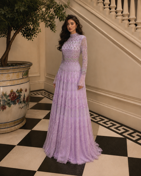 Couture Rania Full Embroidered Modest Evening Dress - Lavender