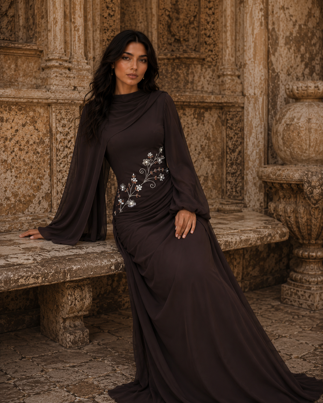 Tulip Modest Evening Dress - Embroidered Shawl Crepe Gown - Brown