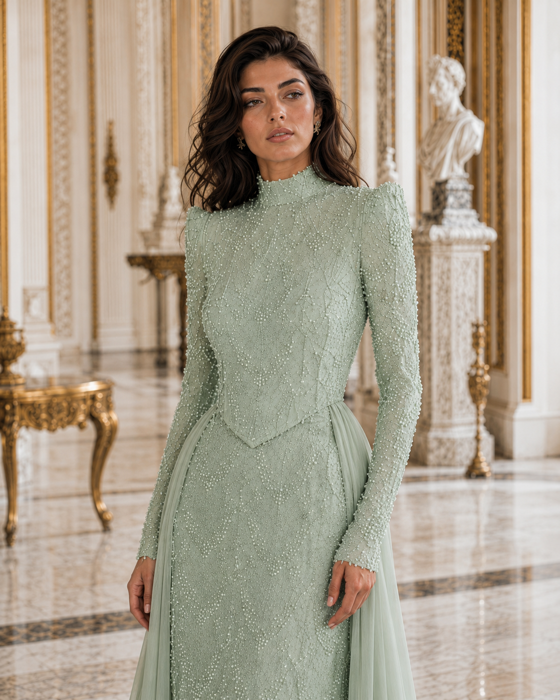 Pearl Powder Green Modest Evening Dress - Maxi Formal Gown