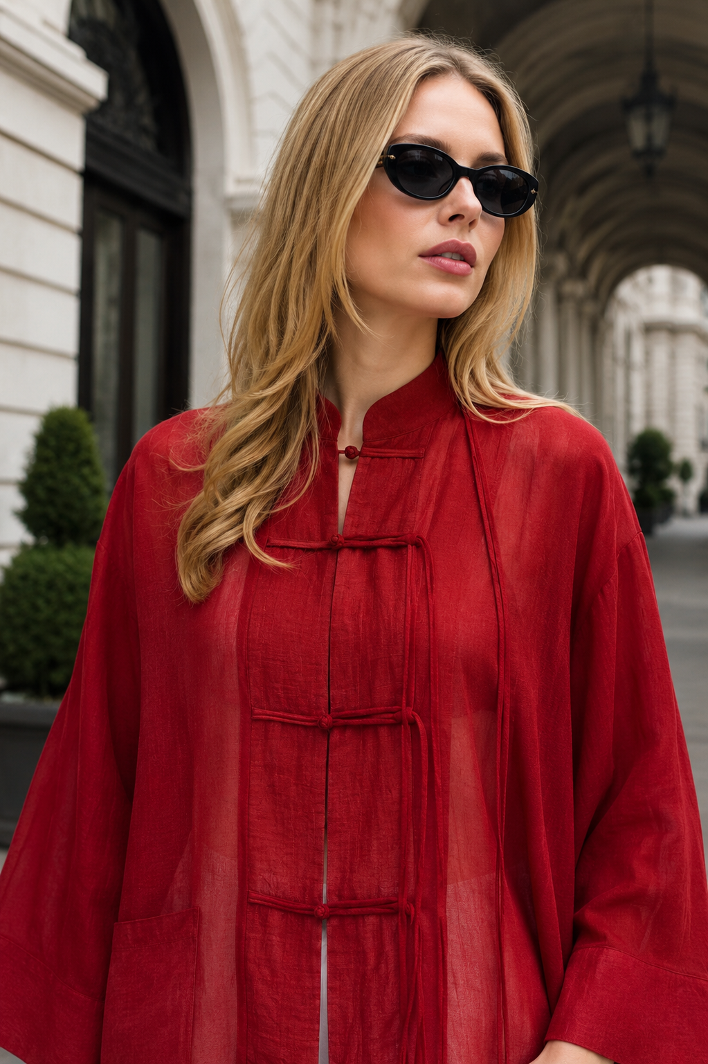 Sakura Red Kimono Jacket - Elegant Lightweight Layer