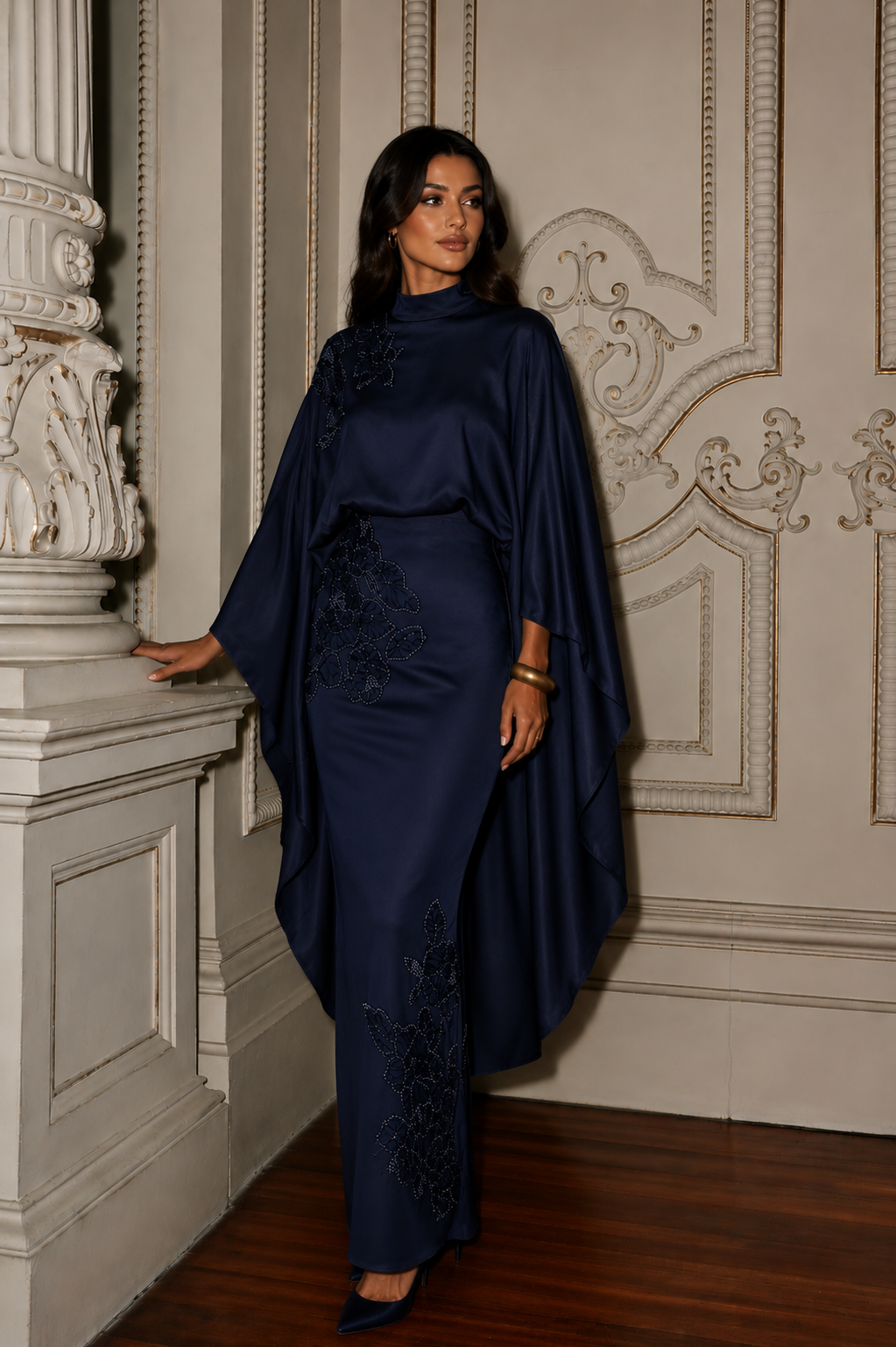 Soraya Stone-Embellished Modest Satin Cape Pencil Dress - Evening Dress - Navy Blue