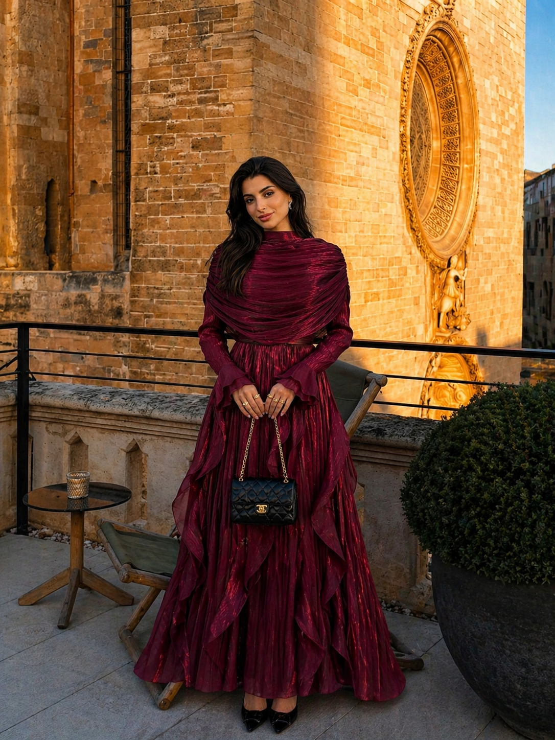 Burgundy Chiffon Modest Evening Gown 38