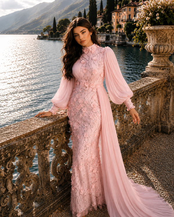 Roxanne Boncuk İşlemeli Tesettür Abiye - Pembe
