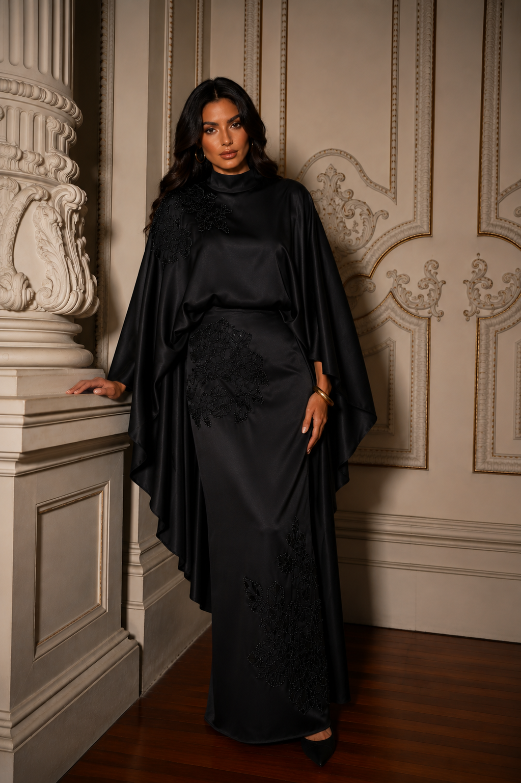 Soraya Stone-Embellished Modest Satin Cape Pencil Dress - Evening Dress - Black