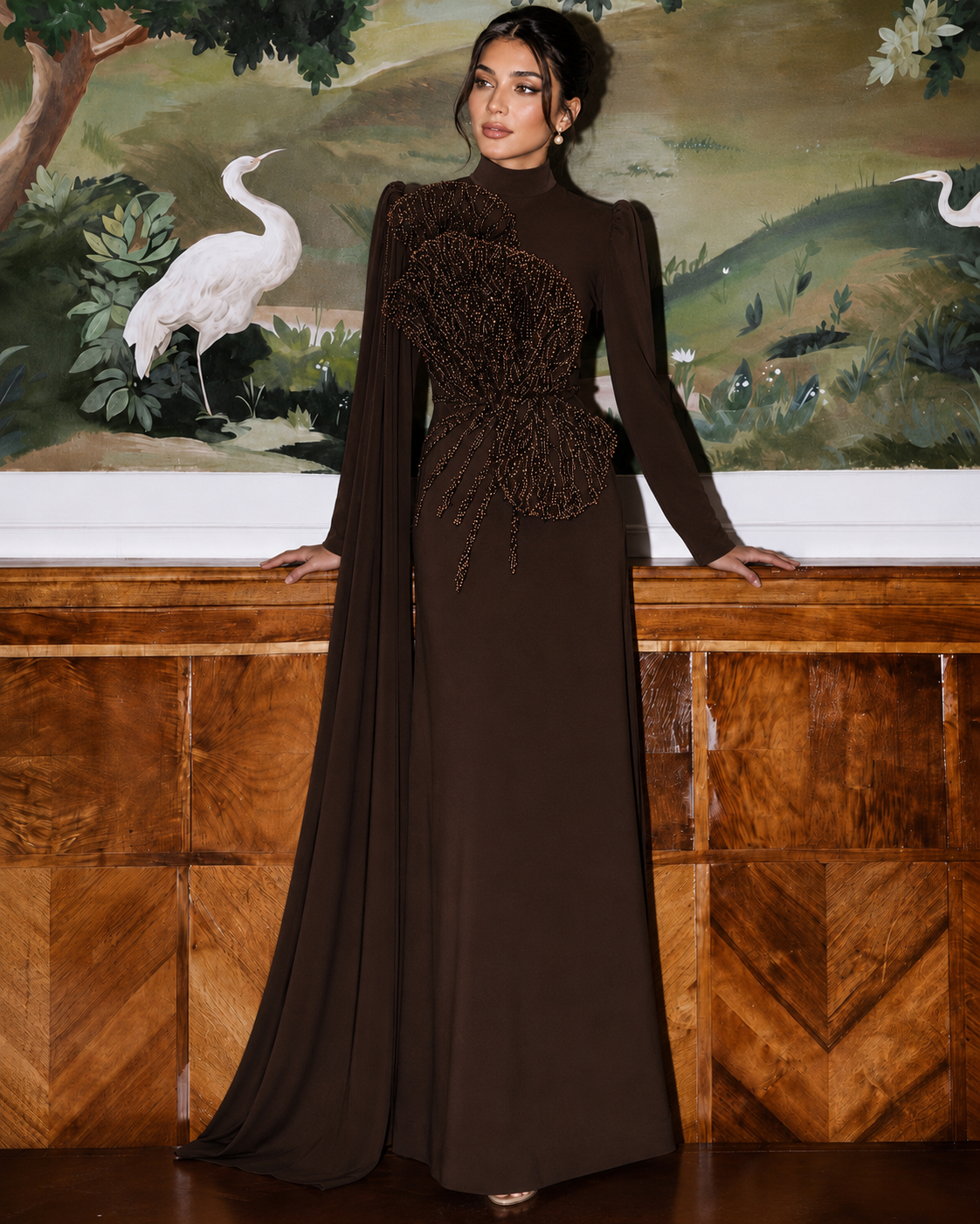 Latifa Beaded Crepe Modest Evening Gown