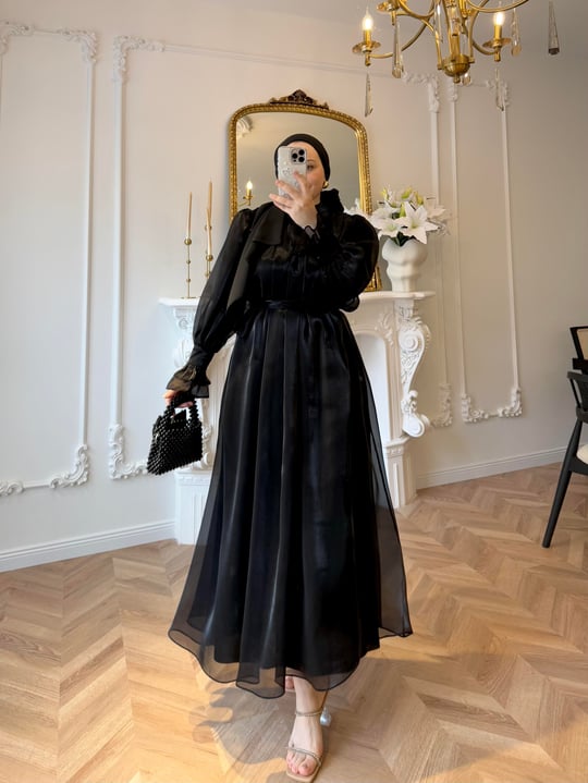 Black Shiny Chiffon Detailed Ruffle Sleeve Evening Dress