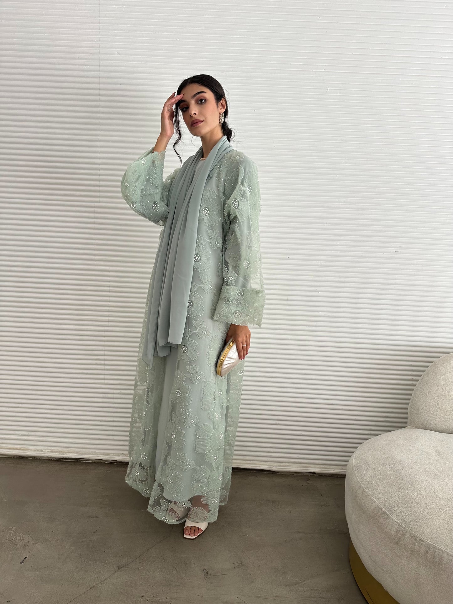 Pastel Pearls 3-Piece Abaya Set – Mint (Limited Edition)