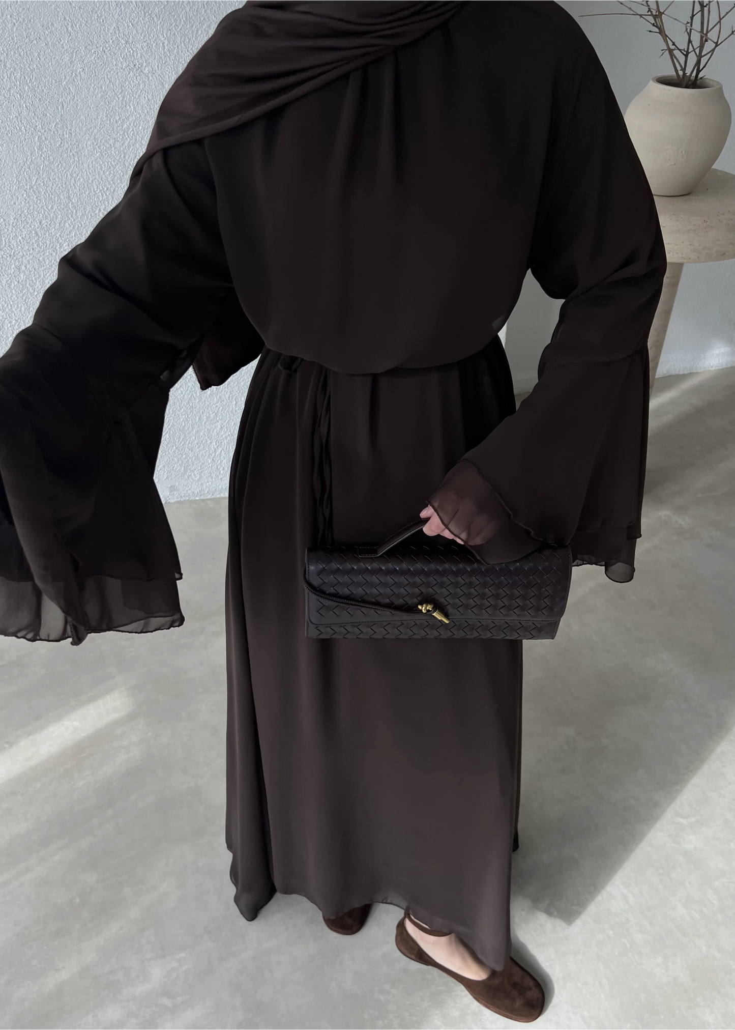Brown Chiffon Dress with Ruffled Sleeves