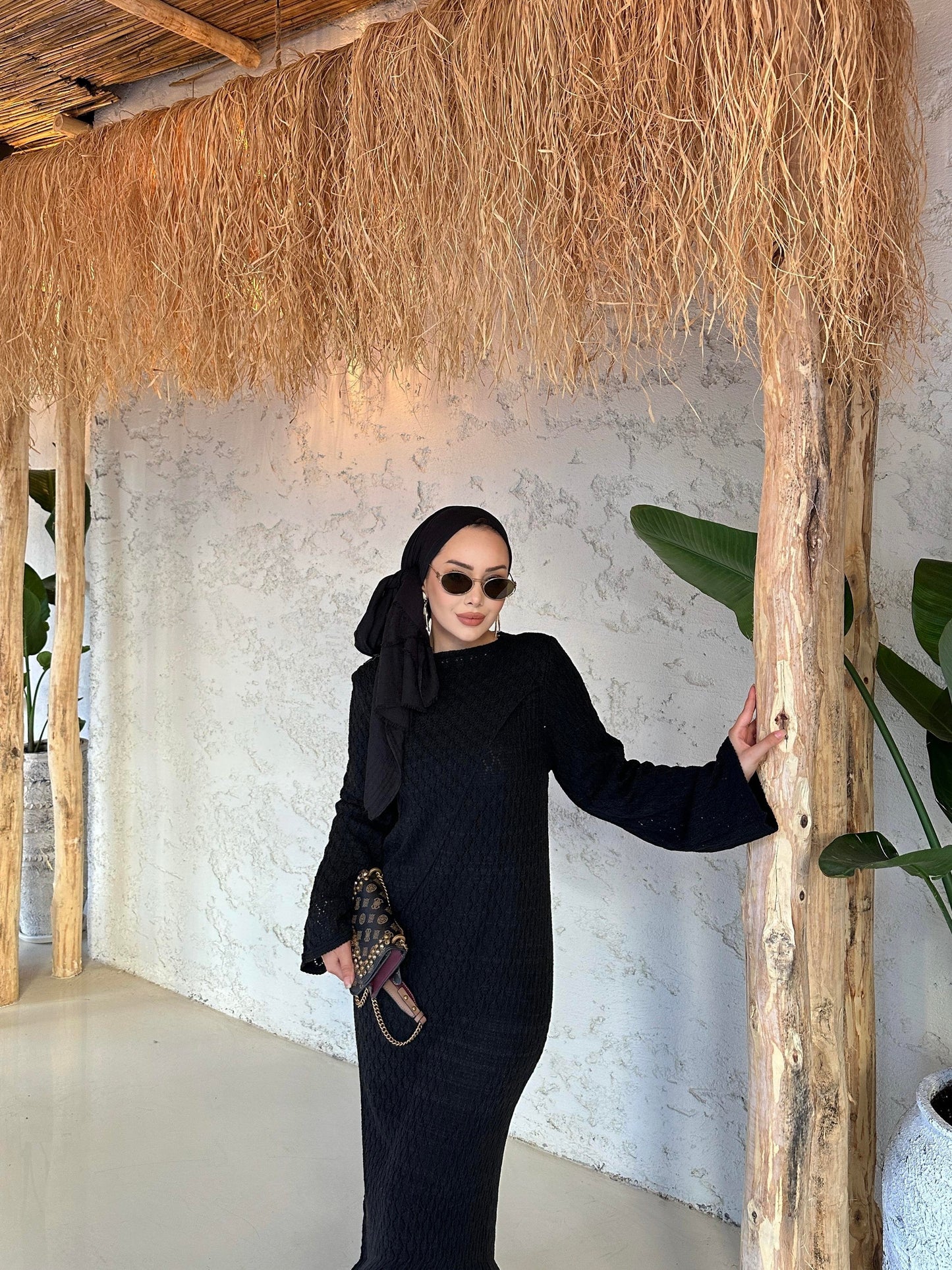 Black Lined Openwork Knit Dress